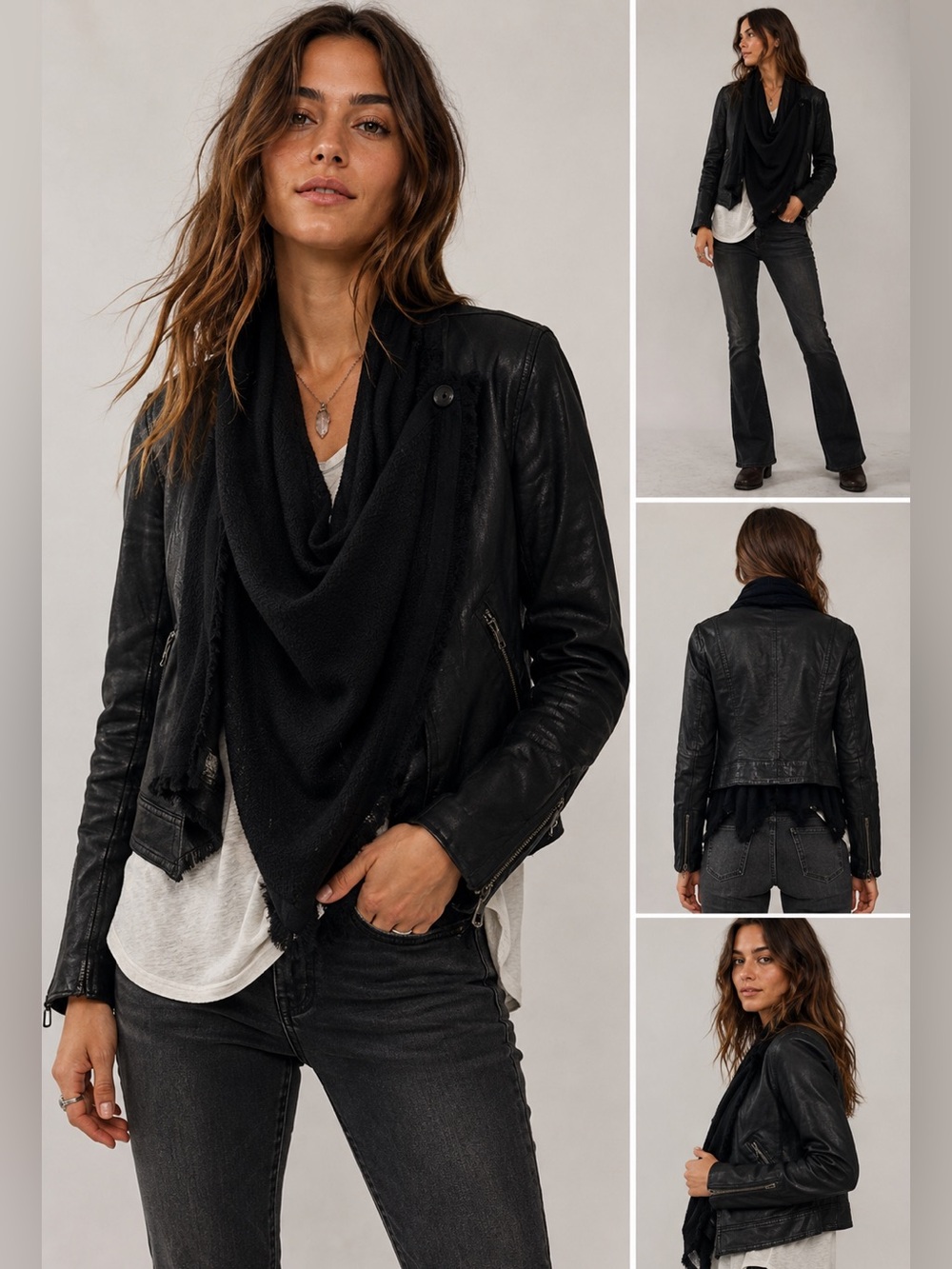 Free People Black Moto Jacket Women’s 4 Draped Knit Collar Faux Leather Biker I - Picture 5 of 17